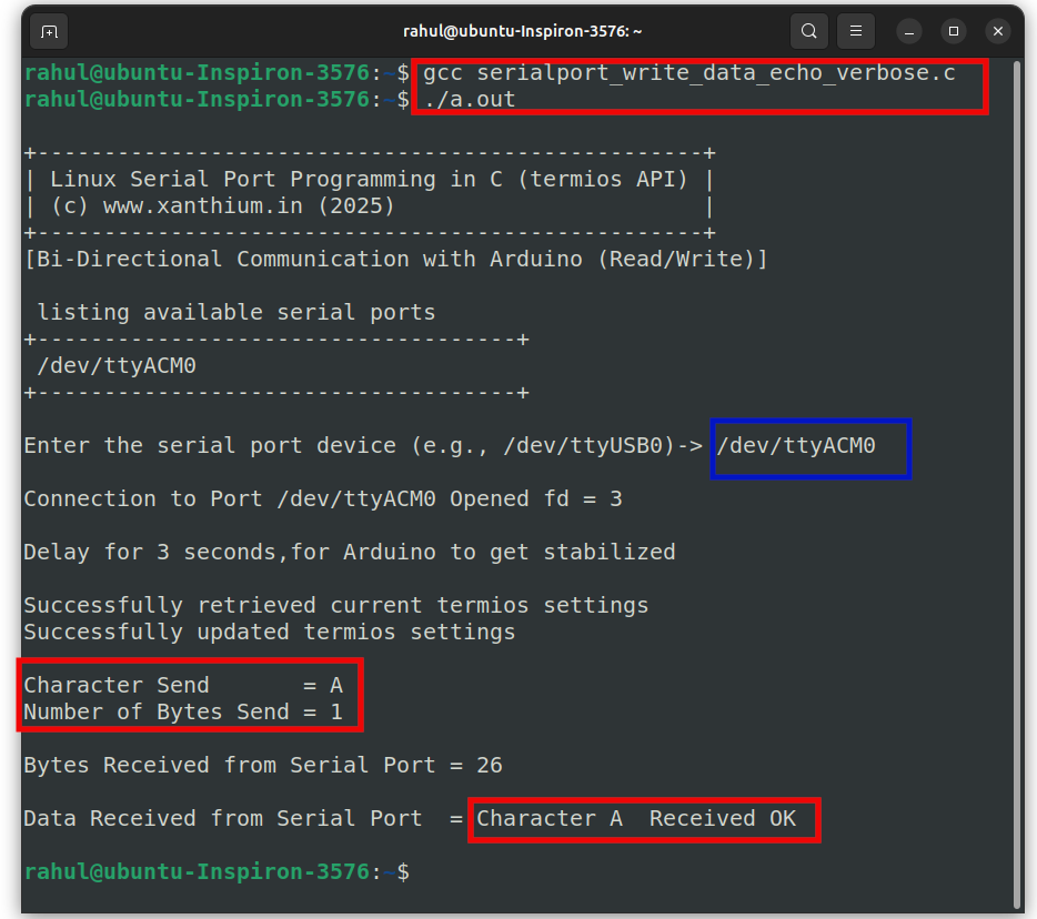full /half duplex serial communication between ubuntu linux and arduino using c/c++