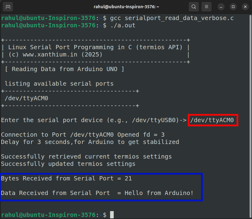how to configure linux serial port using c language and communicate with an arduino mega using rs232 serial protocol