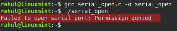 how to solve failed to open serial port :permission denied error in linux