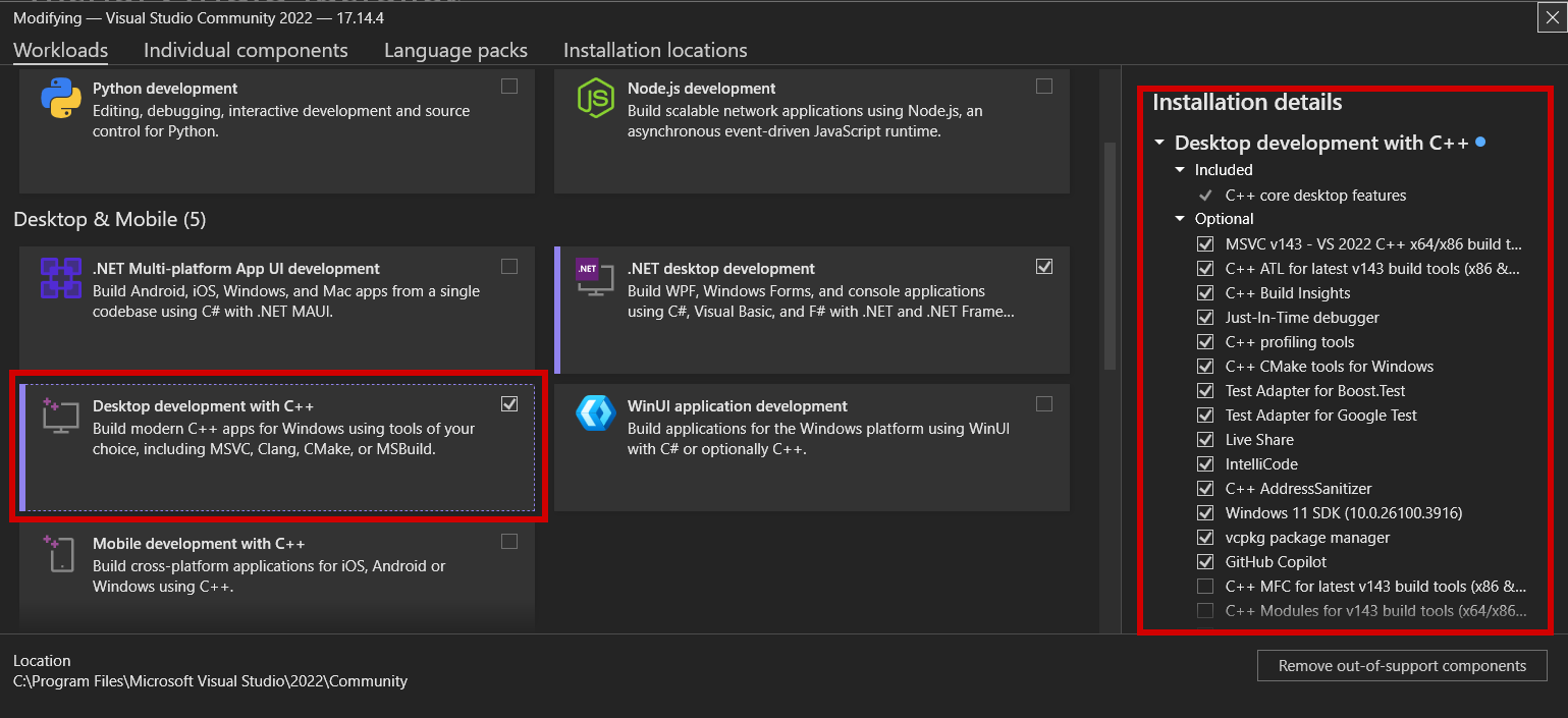 installing c/c++ tools on Visual Studio for system programming