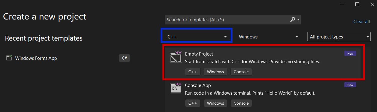 How to create a C project solution in Visual studio Community for win32 serial programming in C