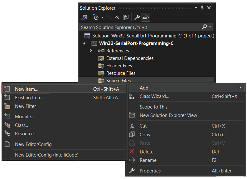 How to add a .C file into the Visual Studio Solution (.sln) Serial Port Programming Project using Windows API (win32/Win64)