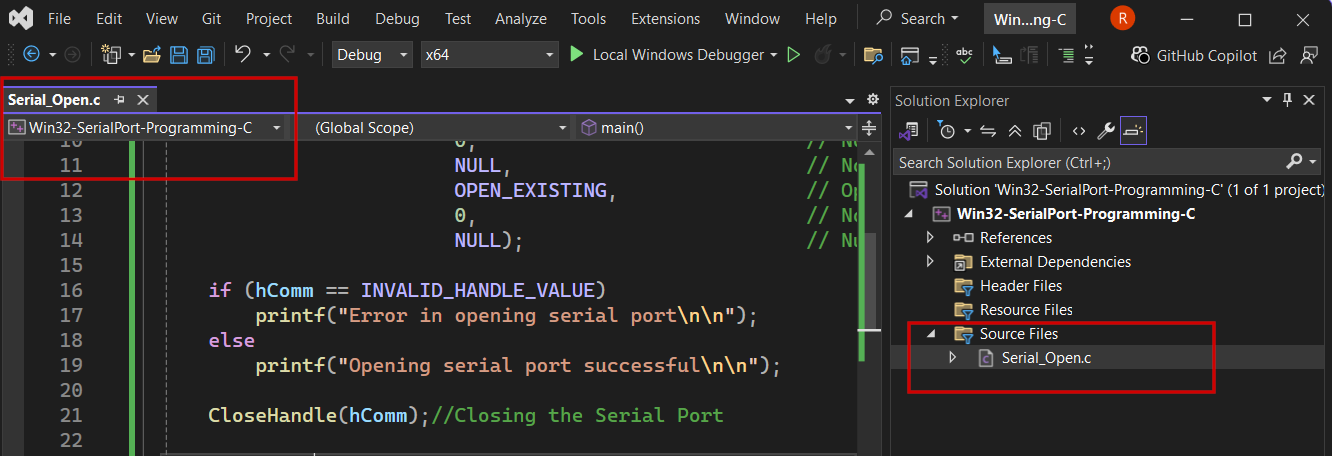 learn to create a Windows 11 serial port programming project on visual studio community edition using C language and Win32 API