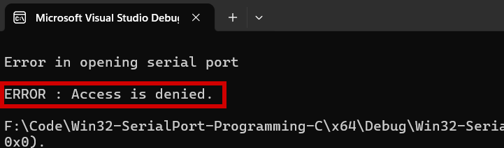 solving COM port access denied error in windows 11 serial programming using win32 api