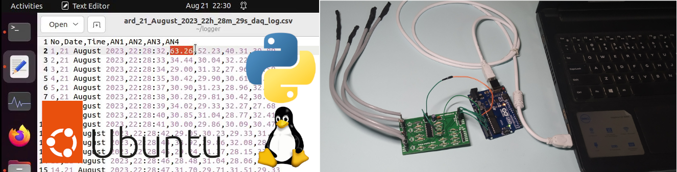 temperature voltage data acquisition and logging  to CSV tutorial using Arduino and Python for Linux ubuntu OS