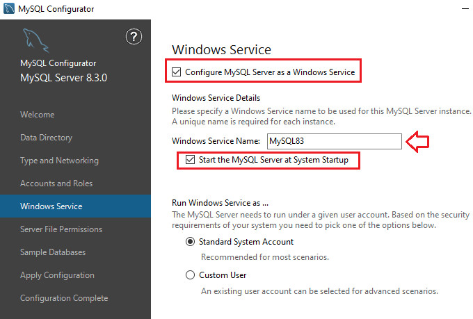 how to configure mysql server to run as a windows service  