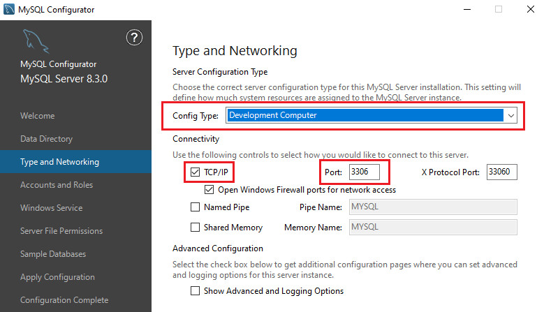 configure network type and port number to use for MySQL Serverin Windows 10