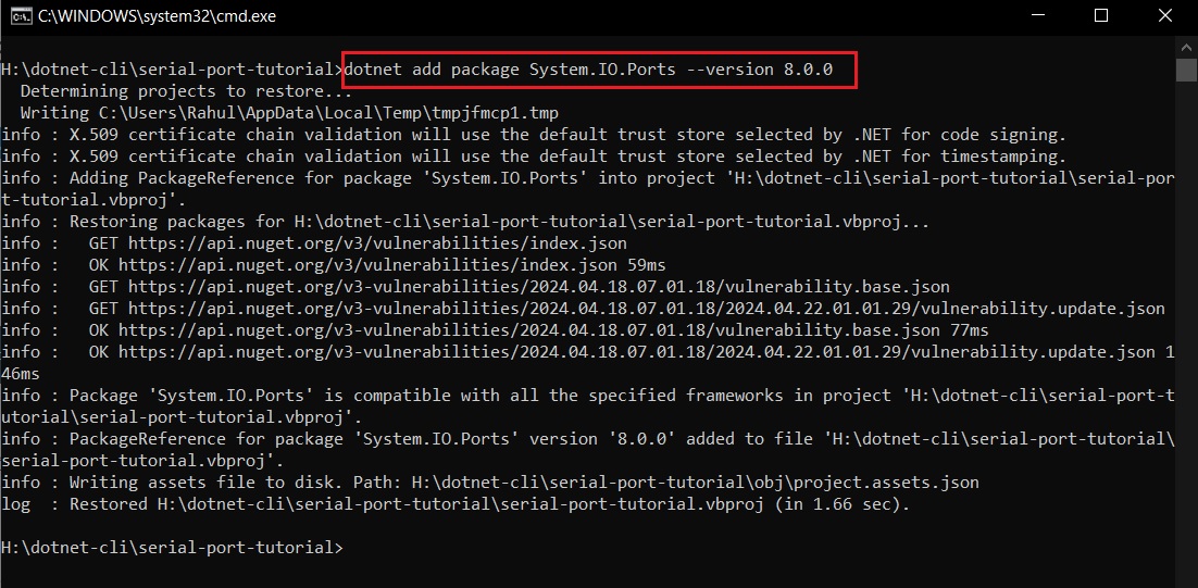 installing System.IO.Ports namespace on windows 10 using nuget command line tools