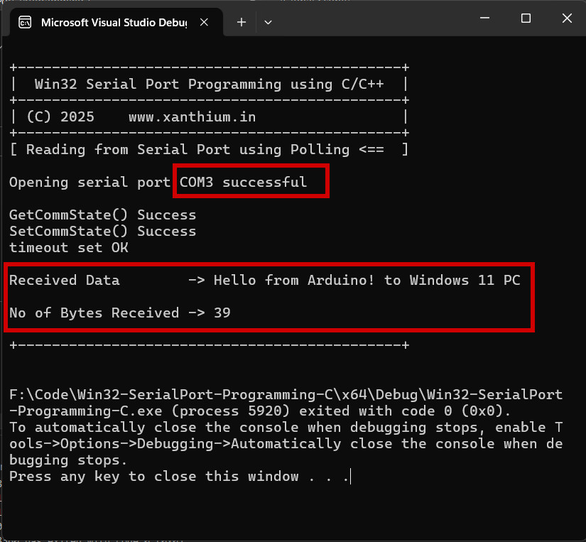 How to Receive data from Arduino using Windows Serial Port Win32 API and C/c++ code