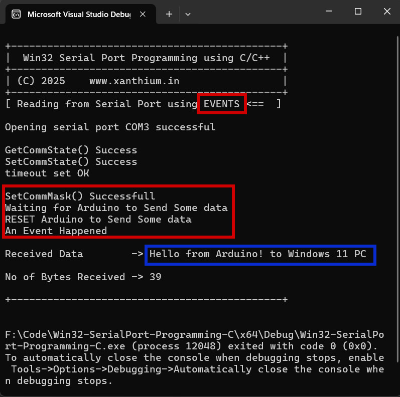 Building an Event driven serial port reception program using Win32 API and C/C++ language using WaitCommEvent() function