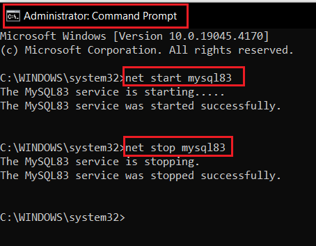 starting and stopping mysql server service on windows using net start and net stop commands