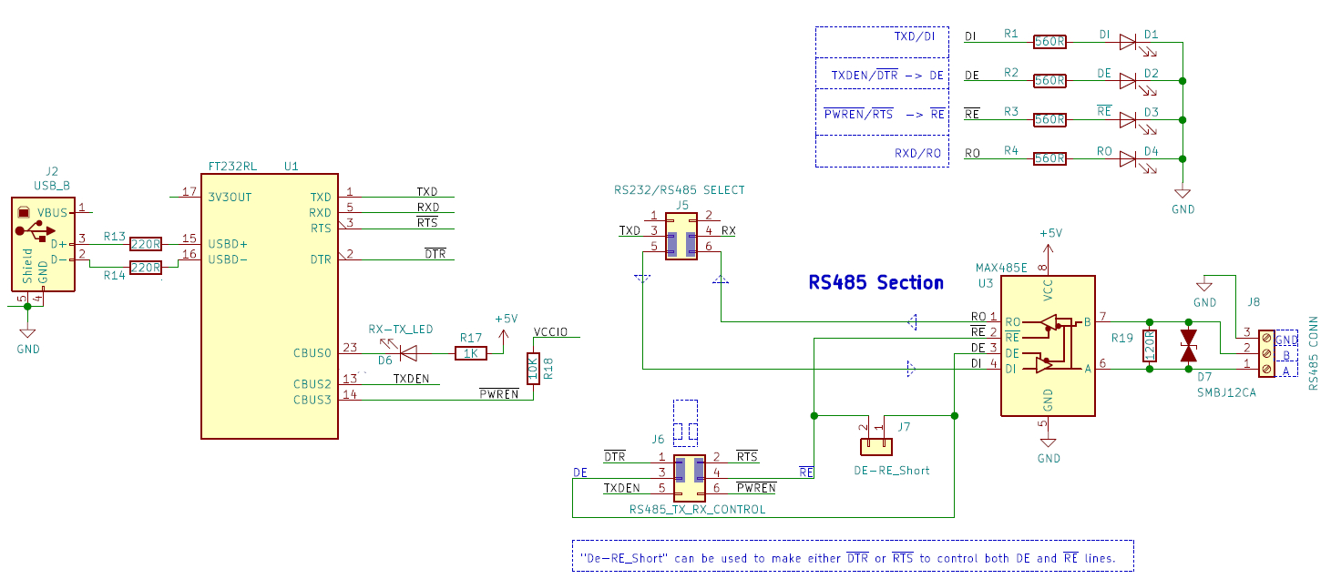 cross platform industrial usb to rs485 converter circuit diagram for communicating modbus RTU protocol using RTS and DTR pins 