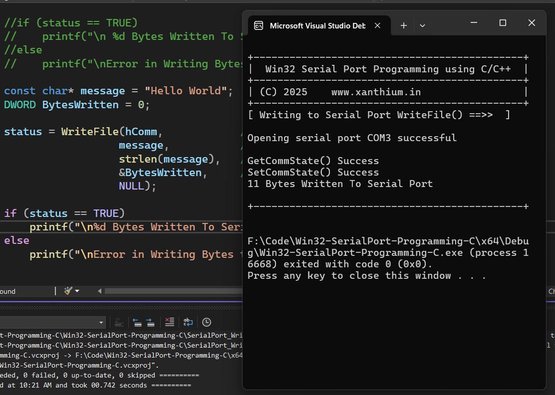 windows PC transmitting data to Arduino using C and Win32 API (WriteFile) program code