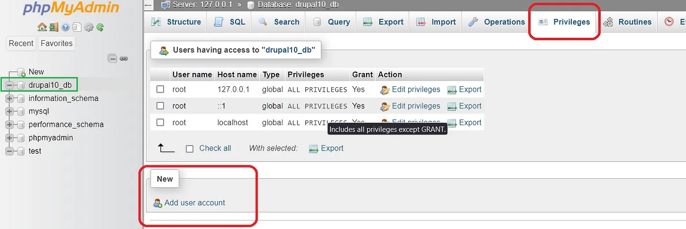 adding a user to the drupal 10  databases created