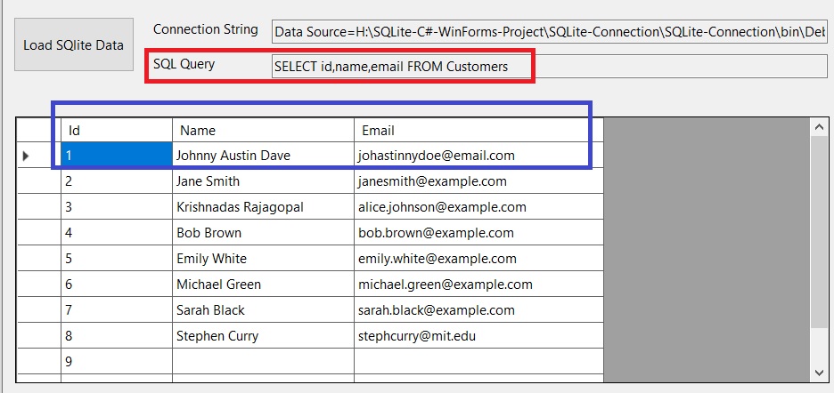  How to display an Sqlite table data on a winforms form using datagridview and datatable