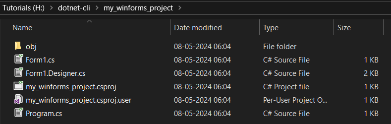 output of running the create winforms project on windows 10