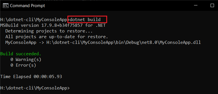 building your C# dotnet project using command line tools provided by the .NET SDK