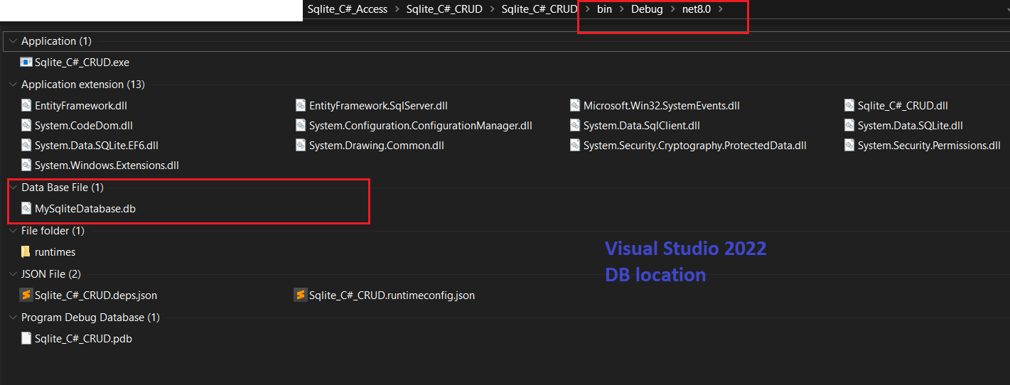 where is the SQLite database located when created inside visual studio 