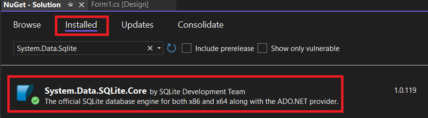 Installing Microsoft.Data.Sqlite lightweight ADO.NET provider  to C# Sqlite project using Nuget