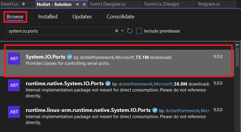 installing system.io.ports namespace using nuget package manager