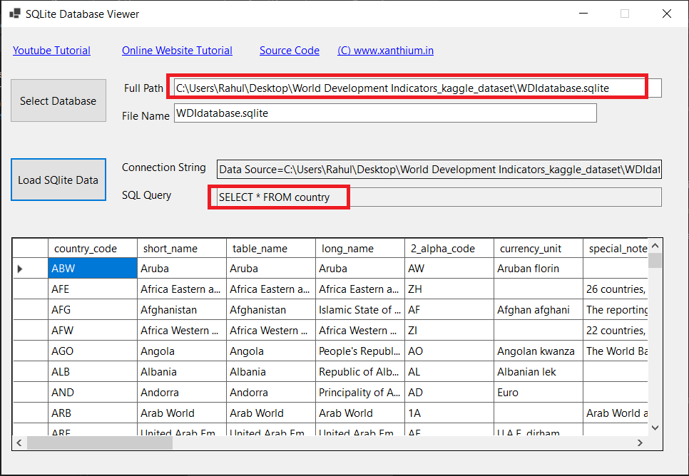 displaying kaggle SQLite datasets on winforms tutorial