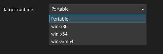 selecting the target run time for your exe file 