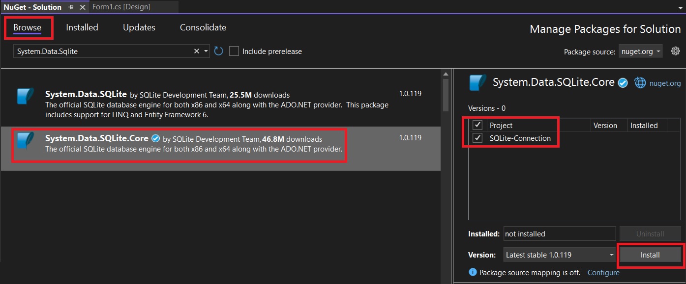 Installing System.Data.SQlite.Core library to C# Sqlite database project using NuGet package manager