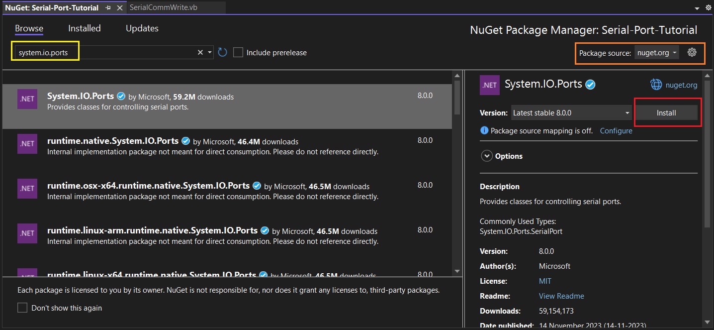 how to install System.IO.Ports namespace and associated assemblies to your Visual studio Project using nuget package manager for visual basic.net serial port programming