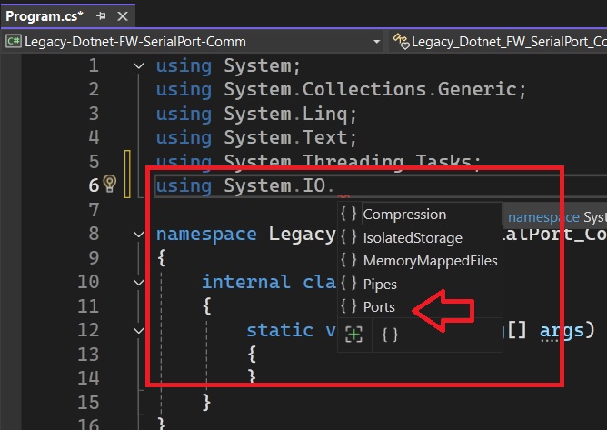 intellisense showing system.io.ports is already installed on your VS project and is ready to develop your serial port based application using C# on .NET 