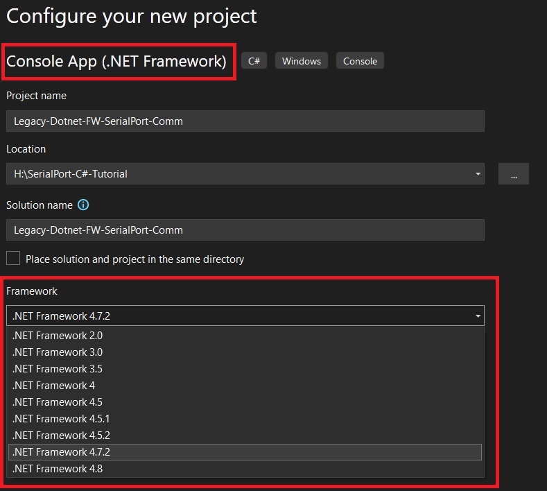 selecting .NET framework versions for your serial port program