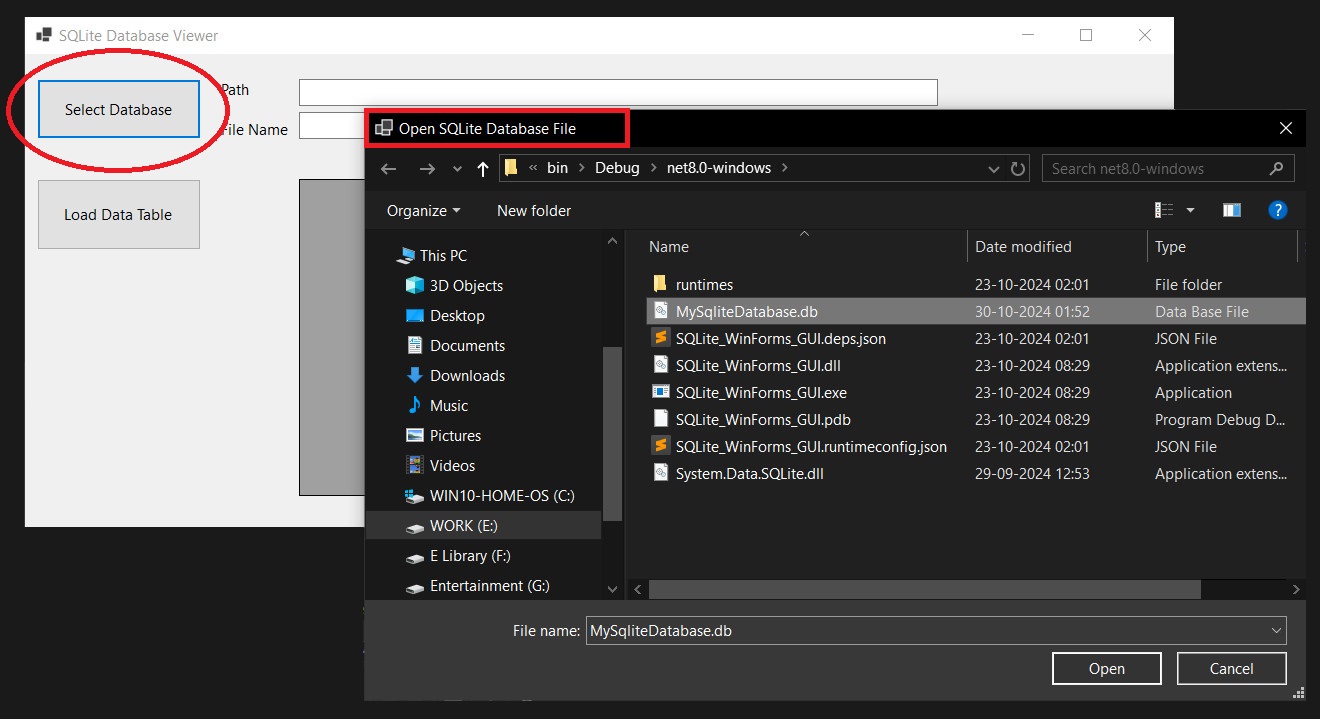 open a sqlite file using winforms and connect with it using openfiledialog