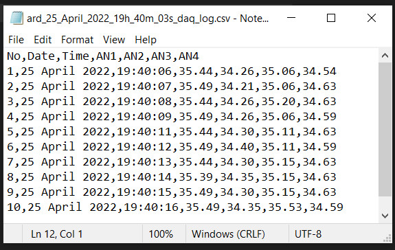 csv (Comma-separated values) file output from the python serial port temperature data logger software using Arduino