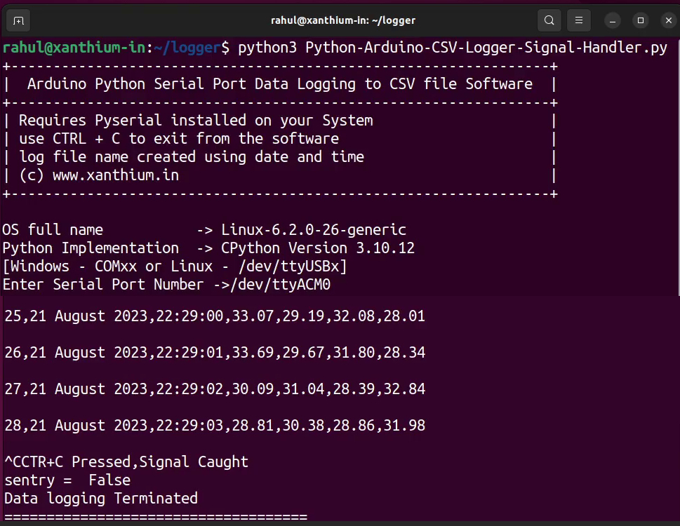 Python data acquisition system based on Arduino UNO running on a Ubuntu System logging time stamped temperature data