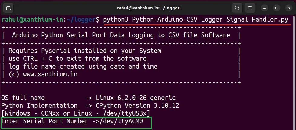 coding a python data logging sytem that logs temperature data from Arduino serial port to a CSV file on Linux