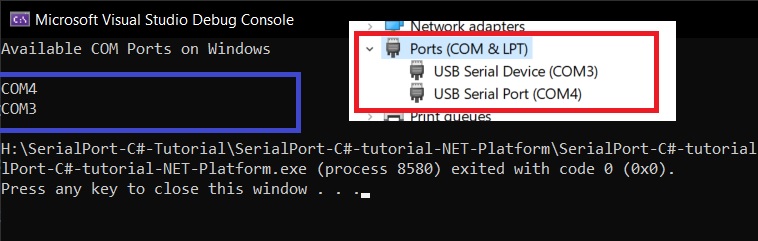 C# code for displaying all the connected serial ports on a Windows PC 