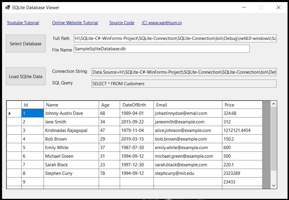 build simple sqlite database viewer written using c# and winforms api 