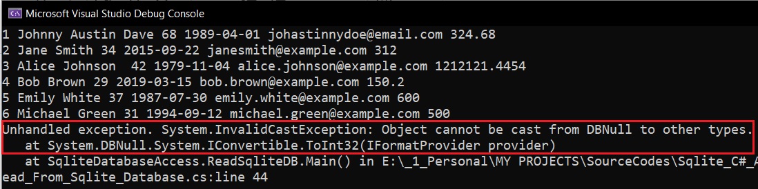 how to solve System.InvalidCastException when reading from SQLite database using C#