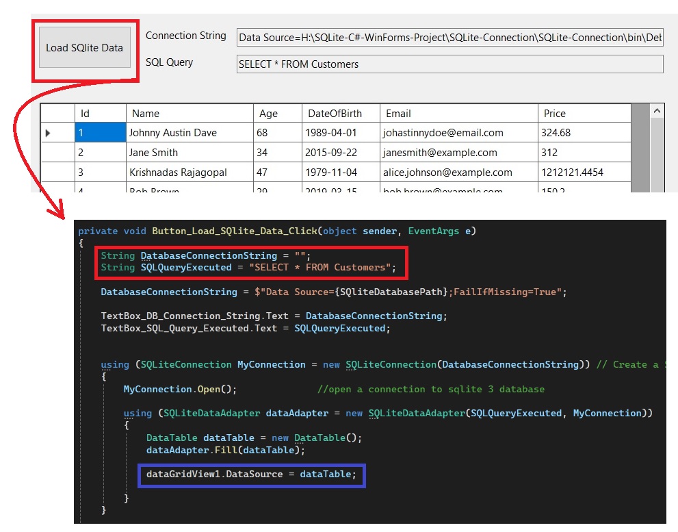 reading and writing into sqlite database using C# and winforms gui api